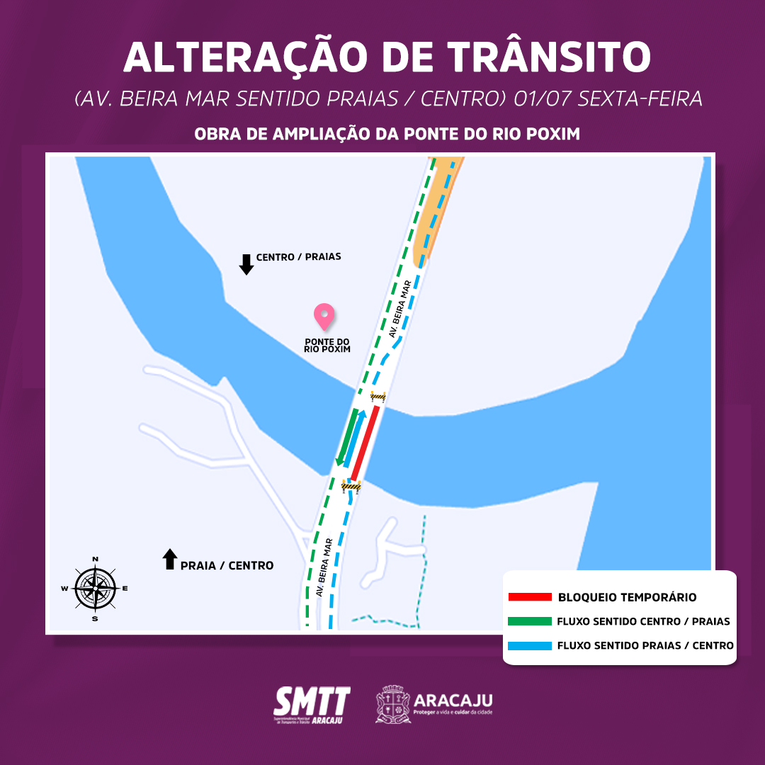 Trânsito será parcialmente bloqueado sobre a ponte do rio Poxim, na Beira Mar, a partir de 1º de julho - SMTT Aracaju